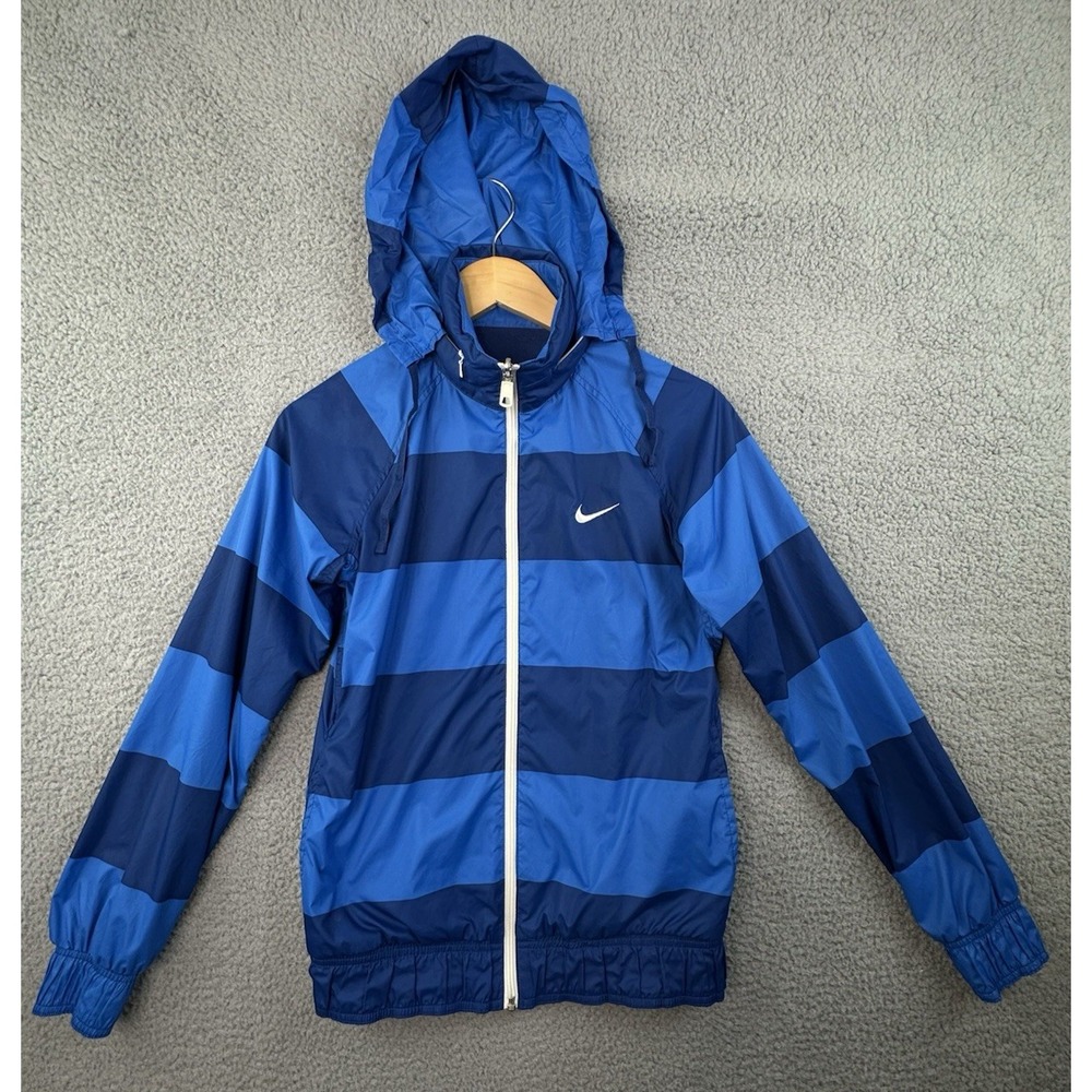 Nike Womens Jacket Small Striped Full Zip Hooded Windbreaker Blue 337799-411